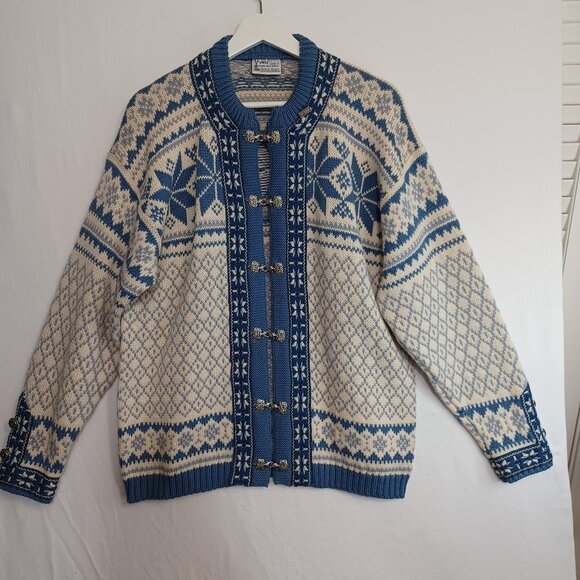 Voss Norwegian Wool Cardigan Sweater Blue White Size Small - Picture 2 of 10